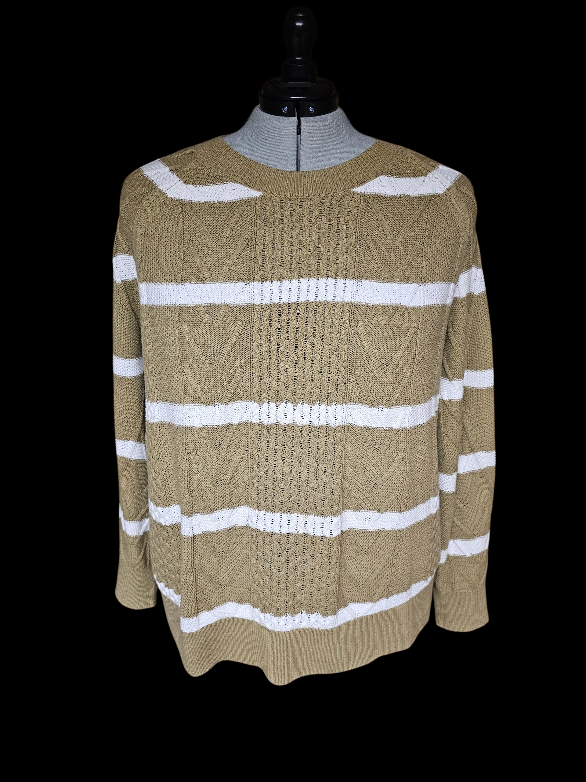 Lane Bryant Khaki And White Striped Crewneck Sweater